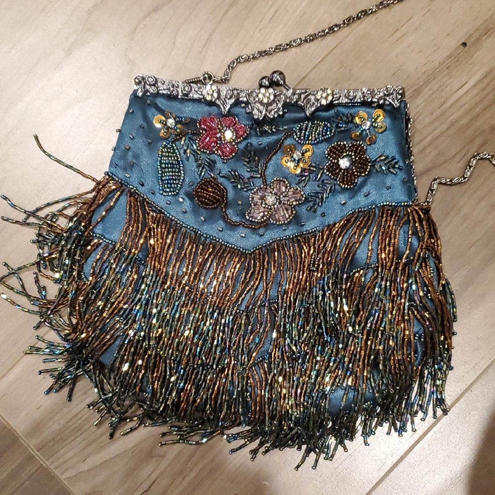 Floral & Fringe Embroidered Blue Evening Clutch One Of A Kind